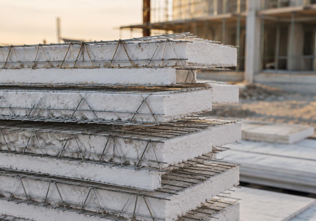 Stacked EPS building panels with steel mesh on a construction site